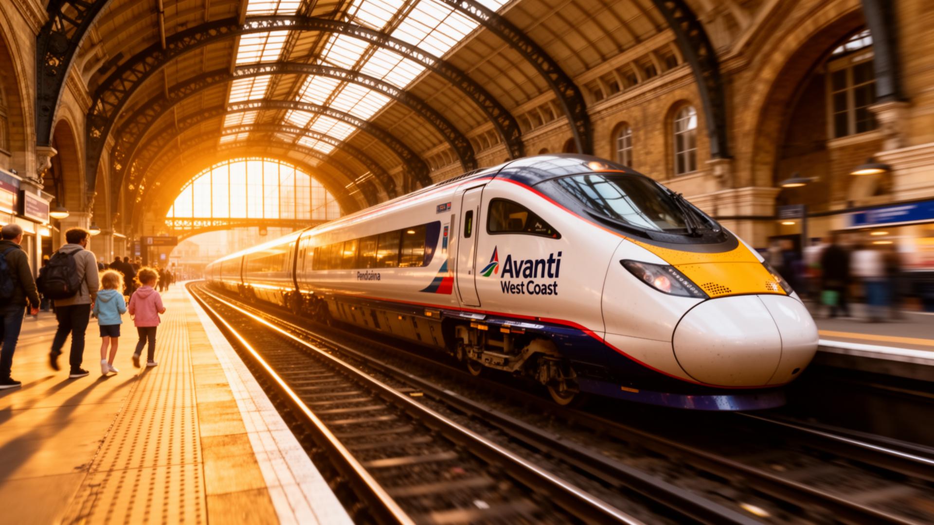 A high-speed train arriving at a grand London railway station